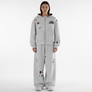 Custom Logo Printed Zip Hoodie & Baggy Sweatpants Fleece <b>Set</b> Heavyweight 100% Cotton Fleece 400 GSM Tracksuit For Wholesale - Product Image 3