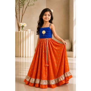 Girls Top with Lehenga Blue & Orange Sleeveless Solid Polyester Women's Sets - Product Image 1