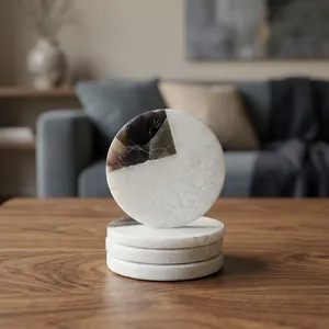 Ensemble de sous-verres artisanaux en pierre naturelle, sous-verres ronds en marbre blanc avec incrustation d'améthyste violette pour la décoration de table et de la maison - Product Image 4