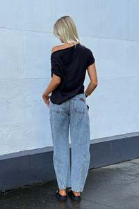 Jean en denim délavé clair taille mi-haute pour femme, coupe ample à jambe large, en coton écologique résistant à la décoloration, léger - Product Image 3
