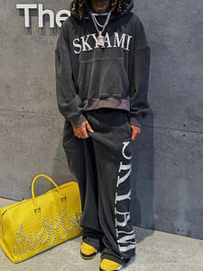 Conjunto de Sudadera con Capucha y Pantalones de Chándal de Algodón con Lavado Ácido, Estampado Serigrafiado y Pedrería, Estilo Urbano Sólido de Invierno, Personalizado de Alta Calidad - Product Image 2