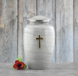 "Divine Sky Blue Metal Cremation Urn with Clouds & Golden Triple Cross - Elegant Handcrafted Memorial <b>Jar</b> for Human Ashes with S - Product Image 5