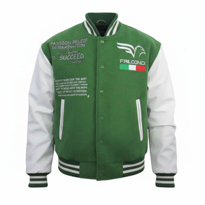Chaqueta universitaria personalizada de alta calidad con mangas de cuero, cuerpo de lana, logotipo bordado en la parte delantera y trasera. - Product Image 2