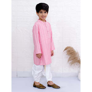 Conjunto de Kurta de Manga Larga con Rayas y Pantalón Dhoti para Niños, Color Rosa Bebé y Blanco, Poliéster - para Lehenga Choli, Choli, Salwar Kameez, Saree, Traje - Product Image 6