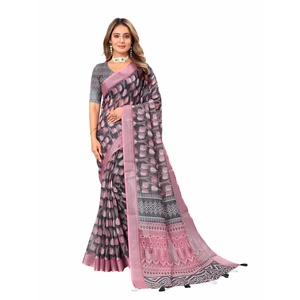 DISEÑADOR LINO DIGITAL IMPRESO PLATA BOREDR SAREE CON BLUSA DESCOSADA ROSA - Product Image 1
