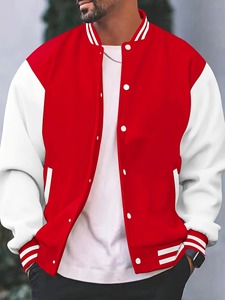 <b>Men's</b> Winter Solid Red <b>White</b> Varsity <b>Jacket</b> Stand Collar Button Front Regular Fit Custom Logo Embroidery 100% Wool Windproof - Product Image 2