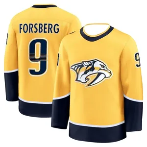 Maillot de hockey sur glace jaune Nashville Predators Forsberg 9 unisexe, col en V, manches longues, respirant, écologique, en polyester 280g - Product Image 1