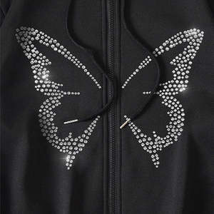 Sudadera con capucha y cremallera para mujer, con diseño de alas de mariposa y pedrería, 2026, negra brillante, oversize, estilo Y2K, ropa urbana, forro polar suave, prenda exterior informal HD - Product Image 2