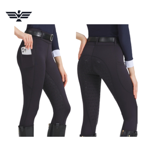 Equiline <b>Women</b> High Waist Full Length Riding Pants with Zipper <b>Fly</b> and Pockets Solid Black Spandex Nylon Material 300g - Product Image 5