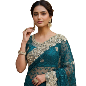 Party Wear Embroidery Net <b>Saree</b> <b>Blouse</b> Women's Traditional Indian Designer Embroidery Work with Pearls Diamonds Work - Product Image 1