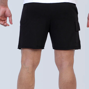Shorts Bermuda en coton noir pour homme avec poches, taille mi-haute, fermeture élastique, style décontracté, couleur unie, tissu tissé - Product Image 3