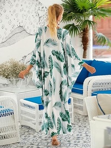 Tropical Print V Neck Maxi Dress Loose Batwing Sleeve Chiffon Wrap Front Summer Beachwear Women's Boho Long Dress - Product Image 3