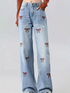 Jeans tendance taille haute pour femmes, toutes saisons, respirants, en denim brodé, coupe droite, prix de gros avec personnalisation - Product Image 5