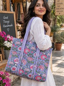 Lavender Floral Cotton Quilted Tote <b>Bag</b> | Cotton Shoulder Tote <b>Bag</b> For Shopping | Handmade Everyday Travel <b>Bag</b> - Product Image 1