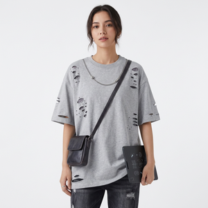 Oversized Gray 100% Cotton Breathable T-Shirt Short Sleeve O-Neck Street Style Men's Jersey Knitted Solid Color Washed Design - Product Image 5