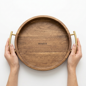 Plateau rond en bois d'acacia avec poignées dorées, grand plateau de service en bois, vaisselle décorative de luxe pour restaurants, plateaux écologiques - Product Image 4