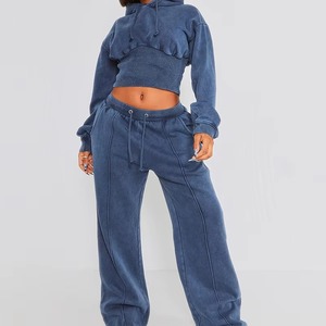 Women Blue Hooded Cropped Sweatshirt And Loose Fit Drawstring Jogger Pants <b>Set</b> Casual Solid Color Full Sleeve Autumn Tracksuit - Product Image 1