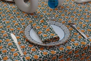 Handmade Eco-Friendly Green & White Indian Floral Cotton <b>Tablecloth</b> for Farmhouse Wedding Events - Product Image 4