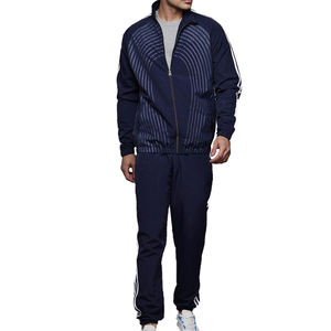 Survêtement rayé bleu marine à manches longues avec fermeture éclair sur le devant, vêtement décontracté avec poches latérales, style automne, coupe régulière, polyester - Product Image 1