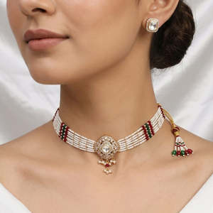 18k Gold Plated Diamond Choker <b>Necklace</b> <b>Set</b> with <b>Pearl</b> and Beads-Party Jewelry - Product Image 1