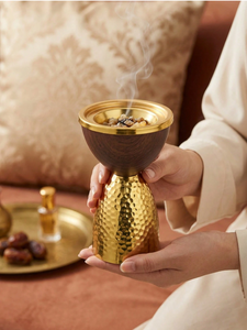 Best selling Luxury Wooden & Hammered Gold Metal <b>Bakhoor</b> Incense Burner Arabic <b>Oud</b> Burner Resin Incense Holder Home Decor Gift - Product Image 3