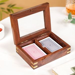 Boîte de rangement en bois pour cartes à jouer avec couvercle miroir en verre, double compartiment, organisateur de jeu de poker, étui cadeau pour soirée de jeu - Product Image 2