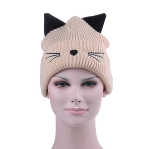 Unisex Solid Color Knit Beanie Hat With Cat Ears 100% Acrylic <b>Winter</b> <b>Cap</b> Casual Style For Adults Black - Product Image 2