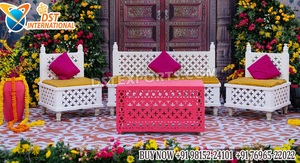 Premium Arabic Wedding <b>Bench</b> Seating Set for Stage Decor Stylish Moroccan Wooden <b>Bench</b> Set for Mehndi and Sangeet Decor Newyork - Product Image 5