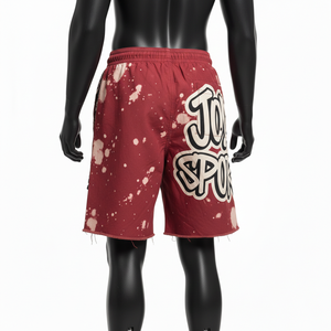 Short de bain homme premium 140 GSM en polyester et élasthanne, tissu à séchage rapide, design à empiècements rouge et noir, logo personnalisé imprimé à chaud. - Product Image 5