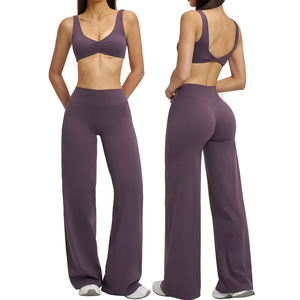 Purple 2 Piece Yoga Set High Waist Wide Leg Pants Racerback <b>Crop</b> <b>Top</b> Seamless Breathable Solid Color Activewear - Product Image 1