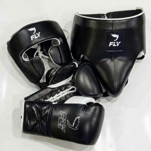 Wholesale High Quality Fly Leather <b>Boxing</b> Gear <b>Set</b> Custom Logo Lace-Up <b>Boxing</b> Gloves Head Guard & Groin Protector <b>Set</b> For Adults - Product Image 1