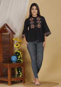 Top Peplum Negro Bordado de Primera Calidad para Mujer, Túnica Étnica Informal con Botones en la Parte Delantera y Borde de Manga Elegante - Product Image 2