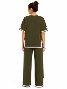 Ensemble coordonné vert olive pour femmes, t-shirt ample de qualité supérieure et pantalon large assorti, tenue décontractée élégante pour la nuit - Product Image 3