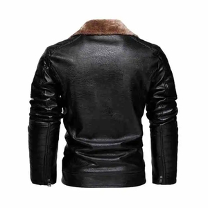 Chaqueta de Cuero PU para Hombre, Estilo Motero, Cuello de Piel Sintética, Corte Ajustado, Cierre de Cremallera, Resistente al Viento, para Invierno - Product Image 1