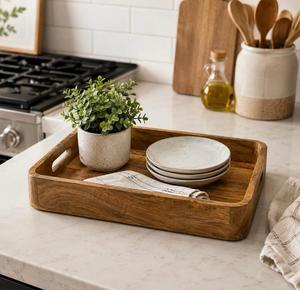 Plateau de rangement en bois rectangulaire, design minimaliste, pour la cuisine, à un seul niveau, finition polie, multifonctionnel, rangement soigné, compatible lave-vaisselle - Product Image 1