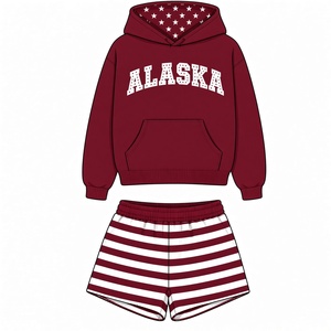 Women's Red Alaska Hoodie With Stars Lining And Red <b>White</b> Striped Shorts Two <b>Piece</b> Casual <b>Set</b> Loose Fit All Seasons Wear - Product Image 6