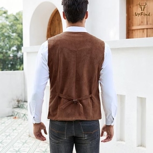 Chaleco de Cuero de Gamuza Marrón Personalizado para Hombre, Estilo Vintage Vaquero Occidental, Cuello en V, Botones a Presión, Estilo OEM - Product Image 3
