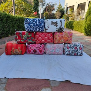 Block Printed Indian 100% Cotton Cosmetic <b>Bag</b> Makeup Pouches Large Capacity <b>Foldable</b> Travel Accessories for Bathroom Use Holiday - Product Image 6