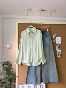 Camisa de Manga Larga a Rayas para Mujer, Modelo L816, de Algodón Grueso Tejido, con Cuello Camisero, Estilo Casual, Primavera-Verano, con Parches de Encaje, Color Pastel - Product Image 5