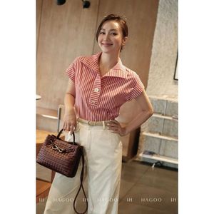 Chemisier A8157 pour femme, style vintage simple, rayé, à manches courtes, boutonné, coupe classique, chemise d'été décontractée, idéale pour le bureau ou les vacances - Product Image 1