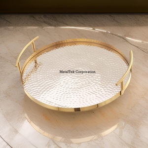 Round Hammered <b>Gold</b> Plated <b>Serving</b> <b>Tray</b> With Handles Home Table Decor Luxury Breakfast Platter Wholesale Low Price Gift <b>Trays</b> - Product Image 2