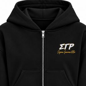 <b>Black</b> <b>Zip</b> Up <b>Hoodie</b> with Greek Letter Embroidery Fleece Sweatshirt Kangaroo Pocket Ribbed Cuffs and Hem Custom Pullover Style - Product Image 5