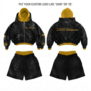 Men Hoodie Short <b>Set</b> Premium Cotton Fleece 320 GSM Black Gold Distressed Panels Custom Embroidered Logo Streetwear <b>Set</b> - Product Image 1
