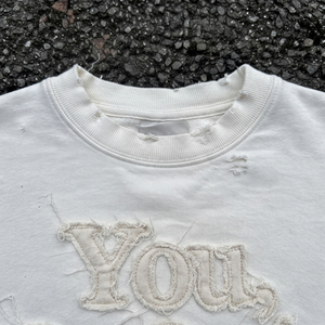 Women's Crop Sweatshirt With Distressed Embroidery Heavyweight Crop Sweatshirts Ladies Crew Neck Knitted Distressed Sweatshirts - Product Image 3