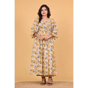 Vestido Maxi de Algodón Indio con Estampado Floral para Mujer, Estilo Boho, con Mangas Largas Fruncidas, Vestido Informal de Verano para Fiestas - Product Image 3