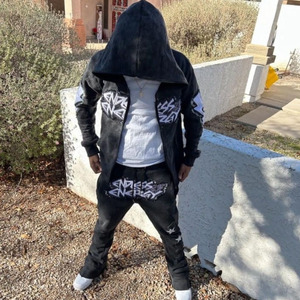 Wholesale Customized Winter Fleece Two Piece Outfit Full Zipper <b>Hoodie</b> and Flare Trouser Hip Hop Tracksuit 100% Cotton - Product Image 4