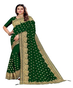 Sari de seda verde con bordado dorado para fiestas de boda, ropa tradicional india y pakistaní para mujer, listo para enviar. - Product Image 1