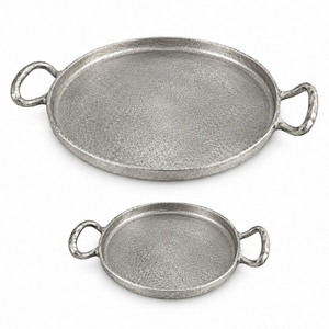 Artisan Aluminum Round Serving <b>Tray</b> Set <b>Silver</b> Textured Finish Dual Handles Raised Rim | <b>Decorative</b> Dining Table ServewareTray - Product Image 1