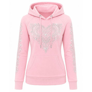 Pink Women's Hoodie <b>Crystal</b> Rhinestone Heart Pattern Long Sleeve Casual Sweatshirt - Product Image 1