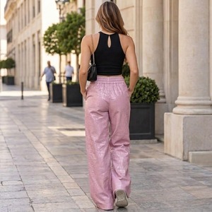 Women's Baby <b>Pink</b> Mid Waist Flared Leg <b>Leather</b> Pants Winter Crocheted Wide Leg <b>Trousers</b> Handmade Designer - Product Image 6